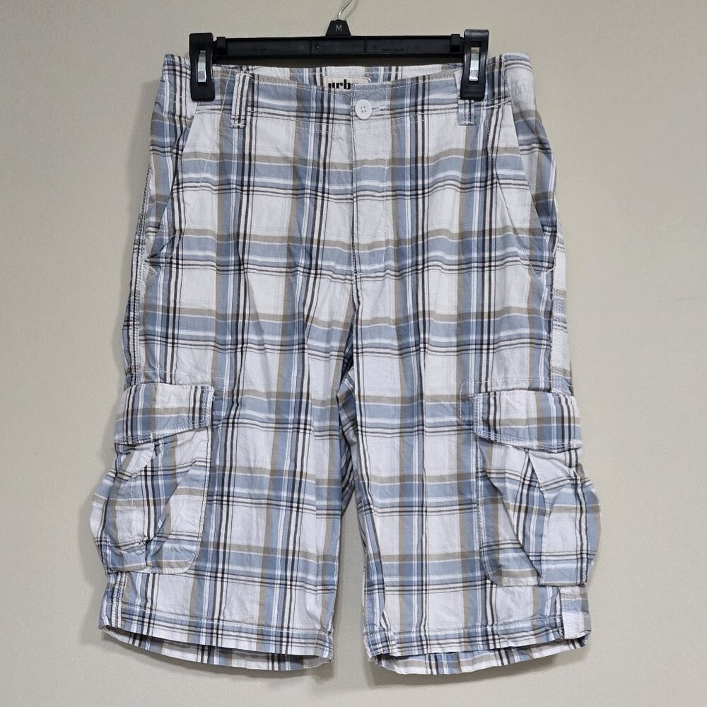 Urban Pipeline White Blue Plaid Flat Front Cargo Short Cotton Boys 18